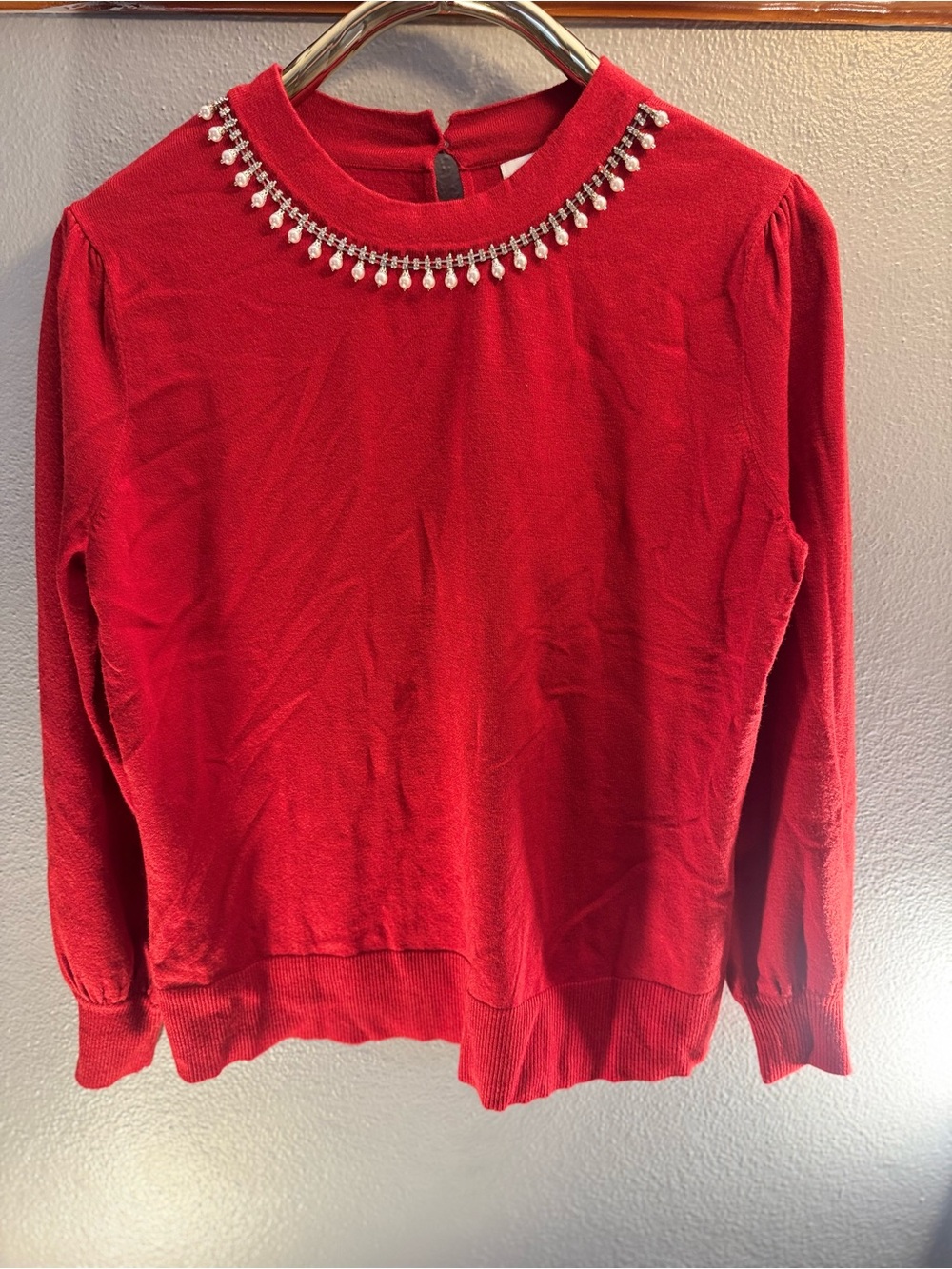 Liz Claiborne Red Long-Sleeve Sweater with Jewel Collar